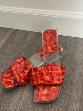 Red Croc-Texture Slide Sandals